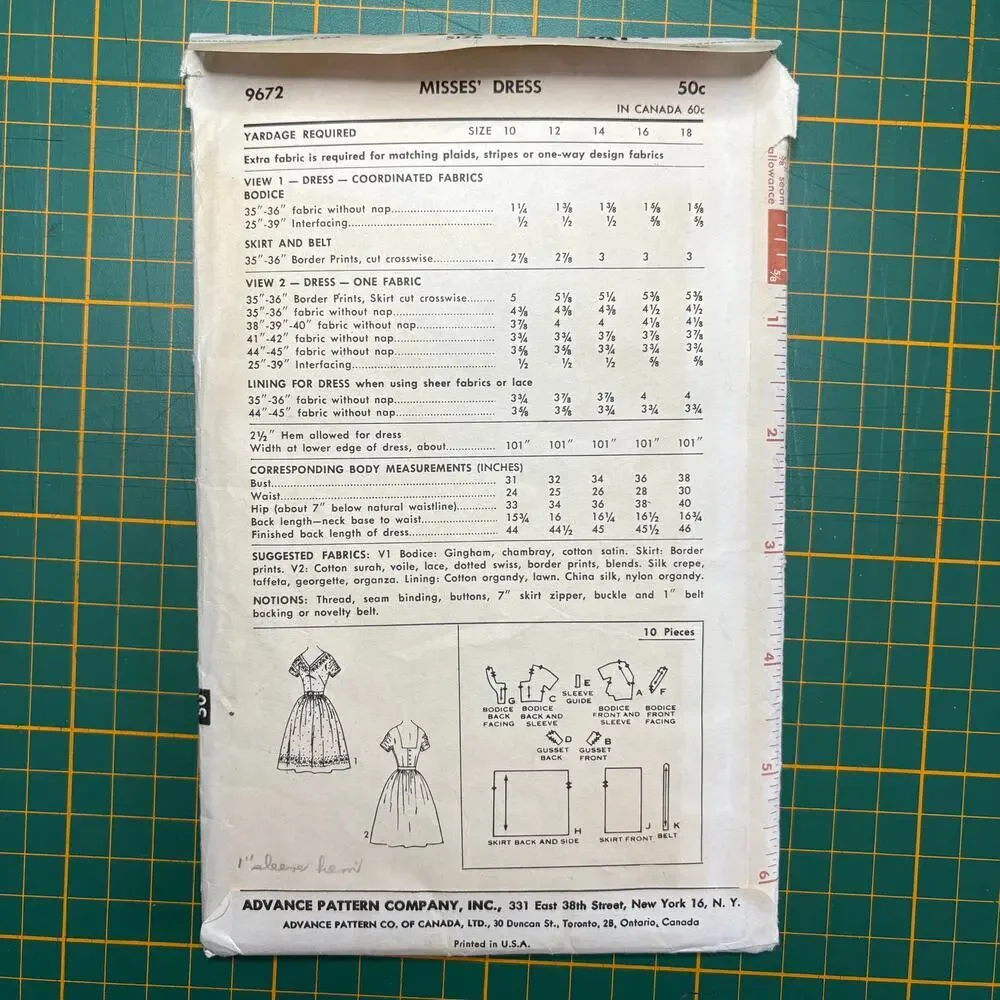 Vtg 50s Advance 9672 Belted Dress w/ Gathered Sleeves Sewing Pattern Women Sz 12